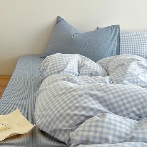 Covebett Duvet Cover King Blue White Grid Bedding Set Washed Microfiber 3pcs, 1 Baby Blue Checked Plaid Quilt Cover 220x230 Zipper Closure and 2 Pillowcases 50x75cm - Image 3