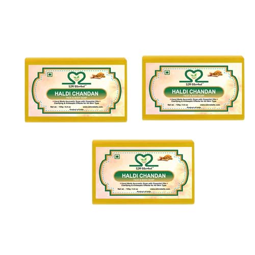Image of Handmade Haldi Chandan Soap (Pack of 3 x 125g) | Sandalwood & Turmeric Ayurvedic Bath Soap with Glycerine | Deep Cleansing, Nourishing & Moisturizing Herbal Soap | Suitable for Men & Women | Natural Bath Bar for Soft, Radiant Skin