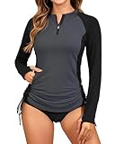 Women Long Sleeve Swim Shirt - Gray and Black Rash Guard Swimsuit Tops with Zipper Pockets UPF 50+ Bathing Suit Tops 2025 M