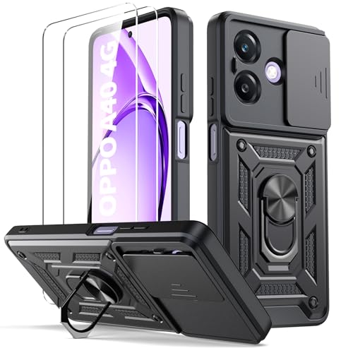 Oududianzi - Funda para OPPO A40 / A40M / A60 5G[2 Protector Vidrio Templado], con Cubierta Deslizante de la Cámara, Soporte Giratorio de 360 ° y Funda Protectora TPU de Silicona - Negro