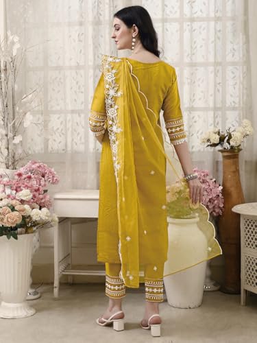 Image of NIVANA Womens Pakistani Style Embroidered Kurta with Pant & Embroidered Dupatta | Chanderi Straight Kurta Set with V-Neck & 3 /4 Sleeves | Ethnic Wear for Festive & Casual Occasions