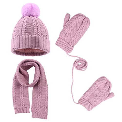 Kids Winter Hat Scarf Mittens Set Toddler Knitted Beanie Girls Fleece Children Neck Warmer Boys Warm Gloves 2-7 Years (Purple)