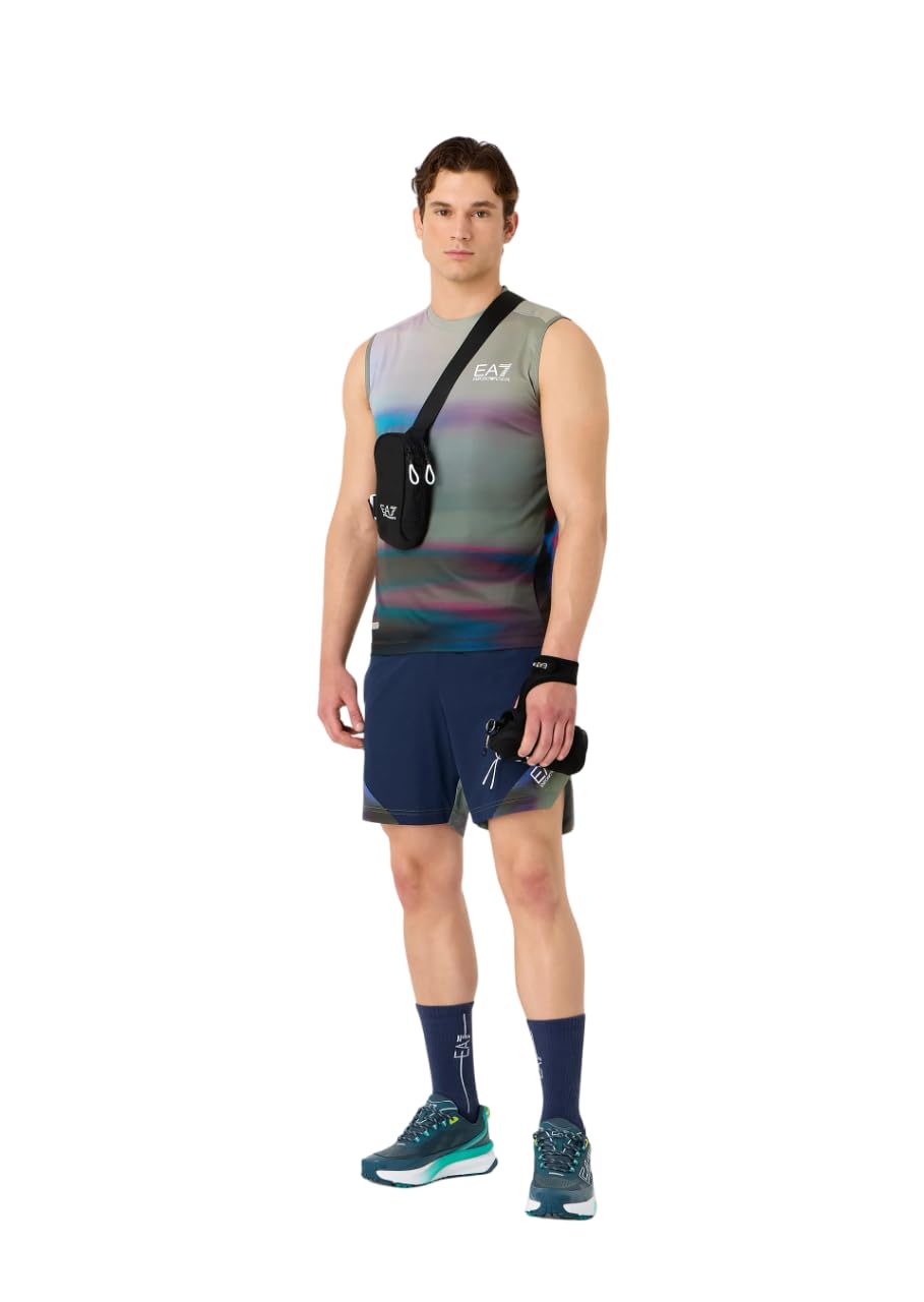 Emporio Armani EA7 Shorts da Uomo Tennis PRO in Tessuto Tecnico VENTUS7-3DPS81 (IT, Testo, L, Regular, Regular, Navy Blue/Multicolor)