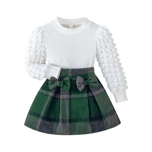 Image of Noubeau Toddler Girls Plaid Outfits Girls Puff Sleeve Knit Ribbed Shirt Tops Plaid Skirt Set Kids Fall Winter Clothes