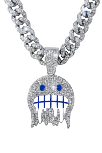LCWLJL Iced Out Miami Cuban Link Chain with Emoji Pendant | Hip Hop Bling Necklace for Men & Women | Gold/Silver Plated with Full Rhinestones | Rapper Style Jewelry for Party（Blue Silver）