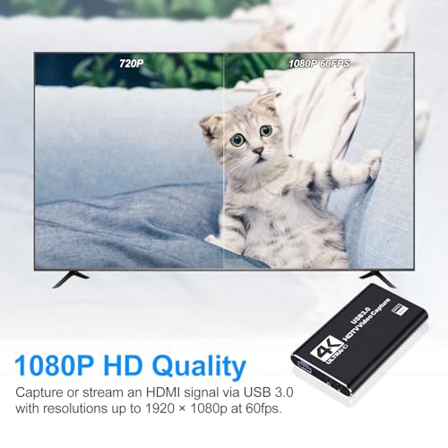 dobestyou Karta przechwytywania audio wideo 4K z kablem HDMI, USB 3.0, Full HD 1080P do nagrywania gier, transmisji strumieniowej na żywo, czarna
