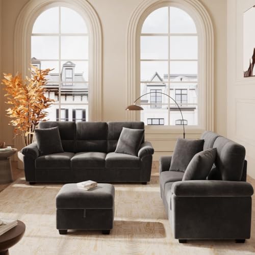 Image of Anderson Fabric 3+2 Seater Sofa with Table | Sofa Set 5 Seater with Ottoman | 5 Seater Sofa Set for Living Room Office Festival Gifts | (Dark Grey Fabric, 3+2 Seater with Ottoman)
