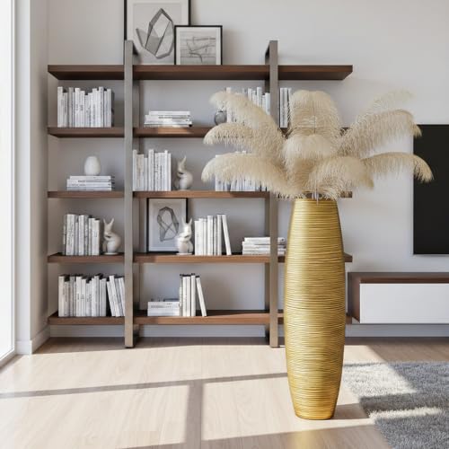 Image of Large Floor Vase 35.4 inch Gloss Gold, Resin Wide-Body Vase with Horizontal Ribbed Texture for Dried Pampas Grass Branches, Modern Home Decor for Living Room Corner Entryway