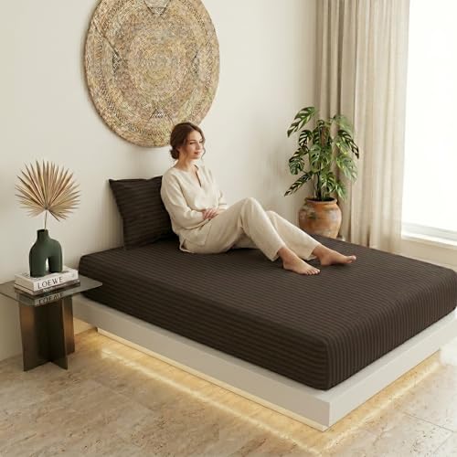 Image of Filymore Single Bed Bedsheet with 1 Pillow Cover, 300 TC Soft Microfiber Satin Striped Bedsheet, Brown Striped Bedcover for Single Bed, Breathable & Comfortable Bedding Set (90x60 Inches)