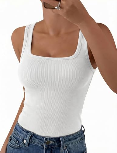 Aottori Débardeur Femme Été Col Carré Top Chic et élégant Coupe Ajustée Côtelé sans Manches Tank Top Basique Haut Blanc M