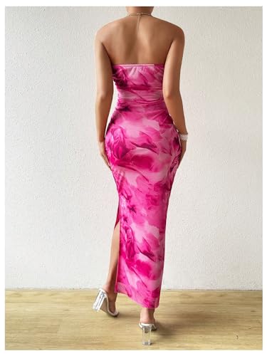 Image of GORGLITTER Women's Floral Strapless Bodycon Wedding Guest Dress Vacation Summer Birthday Tropical Maxi Long Sun Dresses Hot Pink Large