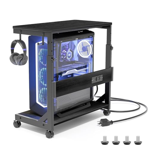 Height Adjustable Computer Tower Stand with Charge Station and USB Charging Port, 2-Tier ATX-Case Cart, Under Desk Mobile PC Stand, CPU Holder Cart with Locking Caster Wheels for Fits Most PC