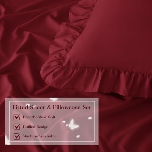 Image of Homiest 3-Pieces Ruffle Pillow Case & Fitted Sheet Set, Burgundy King Sheets with 2 Ruffled Pillow Shams, 15 Inch Deep Pocket, Cute & Coquette Microfiber Bed Set for Decorating Bedroom Hotel