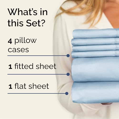 Image of Queen 6 Piece Bed Sheet Set - Comfy, Breathable & Cooling Sheets - Sky Blue | Ultra-Soft Hotel Luxury Bedding Set w / 8-16 Inch Deep Pockets, 1 Flat & 1 Fitted Sheet & 4 Pillowcases, Wrinkle & Fade Free