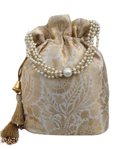 Image of MILAN'S CREATION Banarasi Silk Brocade Potli Bag Purse With Base Drawstring Women's handbag with Pearl Handle & Tassel Weddings