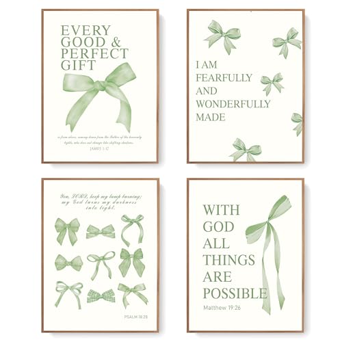 Image of LARTSFRO Coquette Sage Green Bow Wall Art Decor Posters, Sage Green Bow Room Bedroom Bathroom Wall Art Decor Aesthetic for Teen Girls Gifts, Inspirational Bible Verses Bow Wall Decor, 12x16 Inch Set of 4 Bow Pictures Unframed