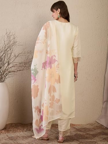 Image of INDO ERA Women Chanderi Silk Straight Floral Embroidered Kurta And Pant With Dupatta Set (IESTR9803)