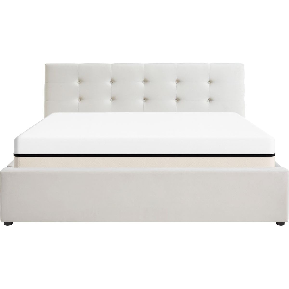 HOMIFAB Ensemble Lit Coffre Adulte 140x190cm avec tête de lit en Velours Beige - Tina + Matelas Ressorts ensachés - Spring Elite
