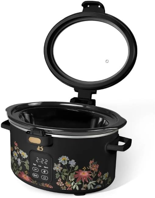 Be.a.utiful 4 Quart Slow Cooker with Hinged Locking Lid, Touch Display, 3 Heat Settings, 4 Timer Settings, Steel Housing, Dishwasher Safe