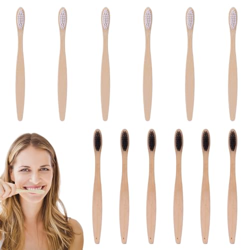 Set di 12 Spazzolini da Denti in Bambù, Spazzolini Biodegradabili con Setole Morbide e Ergonomiche, Ideali per un’Igiene Orale Sostenibile e Rispettosa dell’Ambiente-spazzolino naturale per denti