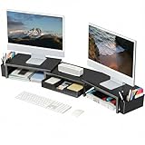 OPNICE Desk Organizers and Accessories, Dual Monitor Stand Riser with Drawer and 2 Pen Holders, Desk Shelf Metal Computer Racks for Office Workspace Organizers, Desktop Organization (Black)