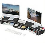 OPNICE Desk Organizers and Accessories, Dual Monitor Stand Riser with Drawer and 2 Pen Holders, Desk Shelf Metal Computer Racks for Office Workspace Organizers, Desktop Organization (Black)