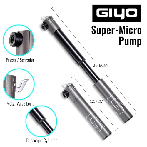 GIYO Small Bike tire Pump Schrader & Presta Valve for MTB 80 PSI Telescopic Barrel All Metal CNC Portable Mini Bike Pump Secure Valve Lock for Easy Pumping | Taiwan Made GM043