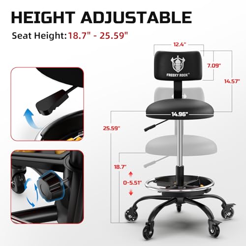 Image of Rolling Shop Stool with Wheels, Garage Mechanic Stool Chair with Backrest, Height Adjustable Heavy Duty Swivel Task Chair, Adjustable Footrest with Storage Tray for Garage Kitchen Salon Tattoo (Black)