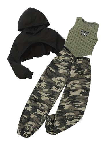 TiaoBug Mädchen 3er Set Sport Kleidung aus Langarm Cropped Kapuzenpullover + Ärmelloses Gestricktes Tank Top + Camouflage Sporthose Hip Hop Street Dance Outfits Schwarz Armeegrün 134-140