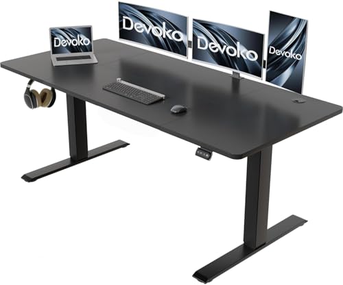 Devoko Höhenverstellbarer Schreibtisch 140 x 60 cm mit Kabelwanne, Elektrisch Höhenverstellbarer Stabiler Stehpult, Computertisch 2-Funktions-Memory, Ergonomischer Steh-Sitz Tisch (Schwarz)