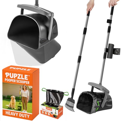 Pupzle Dog Pooper Scooper with Bag Attachment, 40" Long Handle Pooper Scooper for Large Dogs, Dog Poop Scoop for Yard, Large Capacity Swivel Bin and Rake, Lavender Scented Bags (Grey)