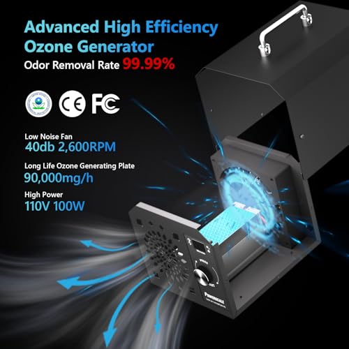 PowerScale Ozone Generator 90,000mg/h O3 Intelligent Control Ozone Odor Eliminator Commercial Ozone Machine Odor Removal, For Home, Car, Pet Room - High Capacity Ionizer Ozone Air Purifier, Black - Image 3
