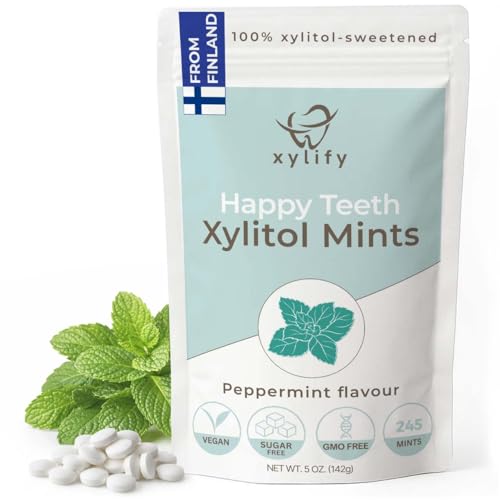 Xylitol Mints for Oral Care - Peppermint flavor, 100% Xylitol sweetened, Sugar Free Mints, Happy Teeth dental mints from Finland, 5oz - 245 mints