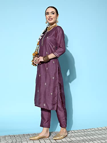 Image of ishin Silk Blend Women's Embroidered A-Line Kurta Pant with Dupatta Set