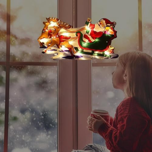 Image of K D Christmas Tree Decoration Santa with Reindeer Warm Yellow | Window Hanging LED Light | Warm Yellow Xmas Decoration Lamp | | Christmas Reindeer Light
