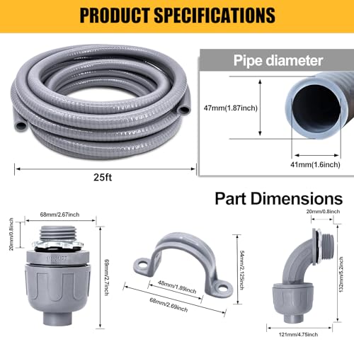 1-1/2 inch 25 Foot Liquid-Tight Conduit Kit, Flexible Non Metallic Electrical Conduit and Connector Kit, With 4 Straight and 3 Angle Fittings