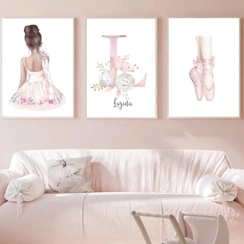 Lot de 3 Tableau Danseuse Classique Affiche Deco Chambre Fille Prenom Personnalisable Tableau Ballerine Toile Poster Chambre Fille Decoration Murale Bebe Enfant Cadeau...