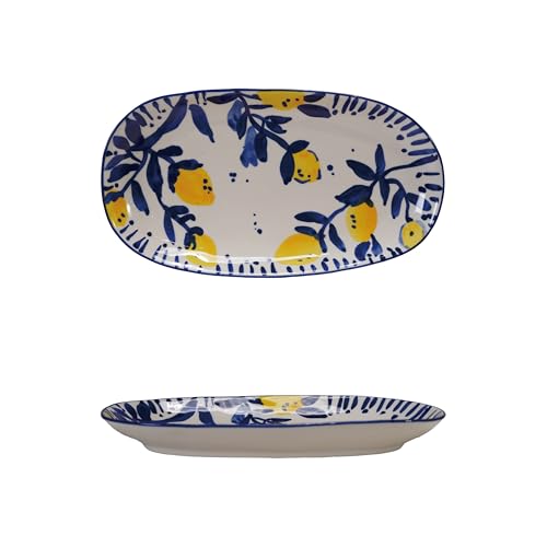 Creative Co-Op Hand-Painted Stoneware Platter with Lemons, White, Blue and Yellow