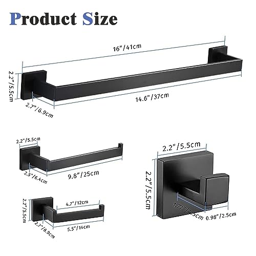 8-Piece Bathroom Hardware Accessories Set, Towel Bar Sets Include Towel Bar Towel Holder Toilet Paper Holder Towel Hook,16 inch Bath Accessories Kit,Matte Black