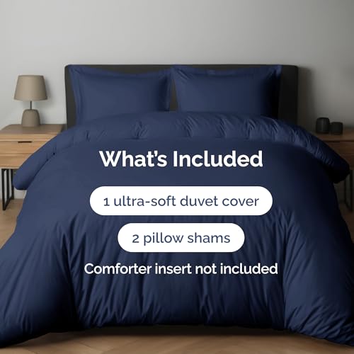 Image of Duvet Cover Full Size Set - Extra Soft Full Duvet Cover 80 inch x 90 inch with 2 Pillow Shams for Women, Men, Kids & Teens - Hotel Luxury, Easy-Care w / Zipper Closures & Ties - Comfy & Breathable (Navy Blue)