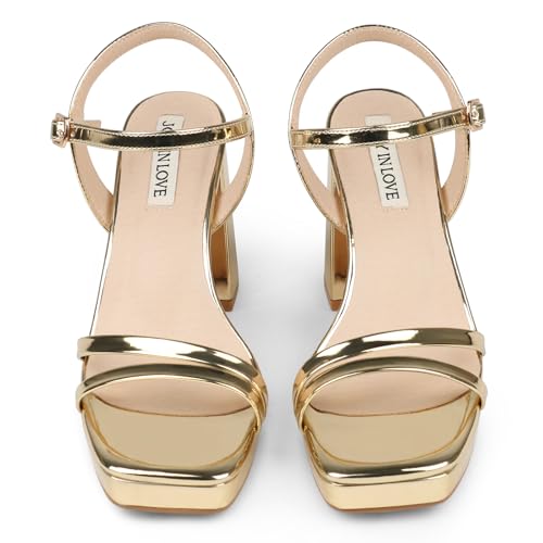 JOY IN LOVE Platform Heels for Women 3.5 Inch Chunky Block Heel Ankle Strap Sandals3