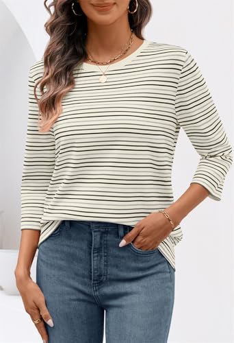 MEROKEETY Women's 2025 Casual 3/4 Sleeve Tops Blouse Crewneck Colorful Striped Fall Loose Shirt2