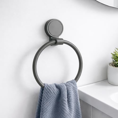 Amazon Basics Suction Towel Ring for Bathroom – Rust - Free Powder Coated Wall Mounted Towel Rack No Drill Towel Ring Modern Bathroom Accessories Organizer Grey