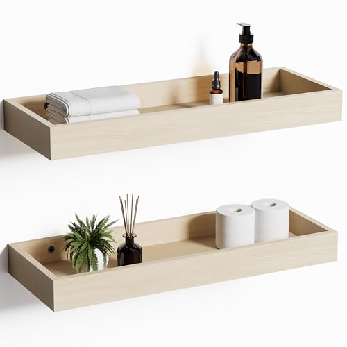Mifurn Oak Floating Shelves with Raised Lip, Wooden Wall Shelves