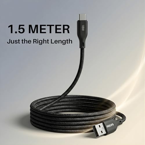 Image of PHILIPS DLC4150AB /94 18W Type-A to Type-C Fast Charging Cable (1.5m, Dark Slate) | Nylon Braided | Compatible with iPhone 15+ Series, USB-C iPad Models, Samsung Galaxy & All Type C Devices