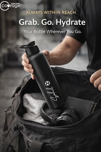 Image of COURAGE Stainless Steel Customize Sipper Water Bottle 1Liter Leak Proof for Fridge Home Office Travel School Kids Boys Girls Adults Sports Gym Yoga - Black