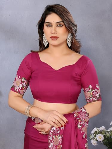 Image of Pandadi Saree Women's Satin Embroidery Work Saree With Unstitched Blouse Piece
