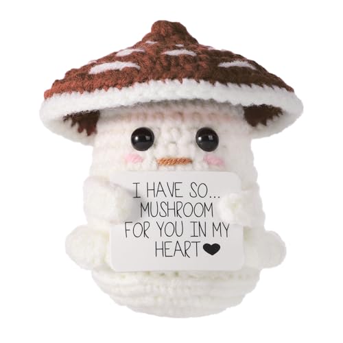 TOYMIS Positive Mushroom, Emotional Doll Support Encouraging Handmade Mushrooms Positive Food Crochet for Inspirational Plush Office Home Decor Graduation Gift(Brown & White)