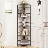 BON AUGURE Rustic Corner Shelf Stand, Tall Industrial Corner Bookshelf, Wood Metal 5 Tier Bookcase Shelves, Display Shelving Unit for Kitchen, Living Room (Dark Grey Oak)