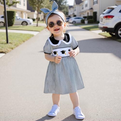 Suolongsama Toddler Girls Summer Dress Short Sleeve Graduation Cap Embroidery Dresses Kids Back to School Outfits2